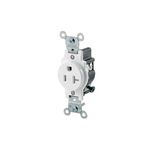 Toma hembra sencillo NEMA 5-20R 20 A 125 V blanco Leviton grado comercial figura 8, vista frontal con soporte metálico