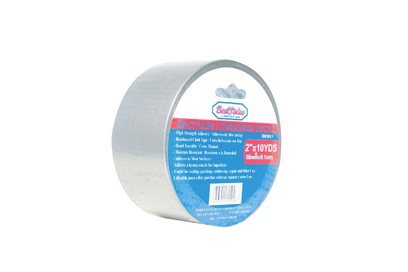 Tape para ducto Best Value de 2 pulgadas x 50 yardas gris aluminio, rollo visto de frente con etiqueta blanca y roja