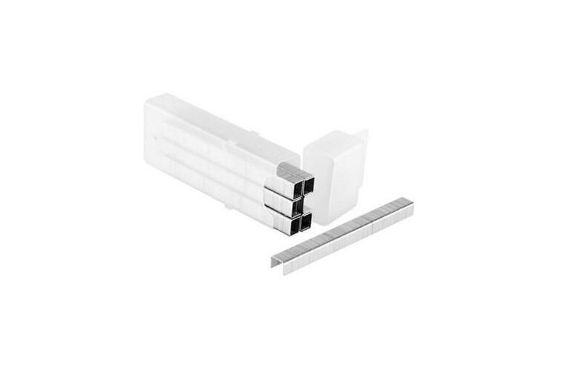 Grapas 1000 piezas Stanley de 5/16 pulgadas para uso pesado, tiras de metal plateado fuera de su caja plástica blanca