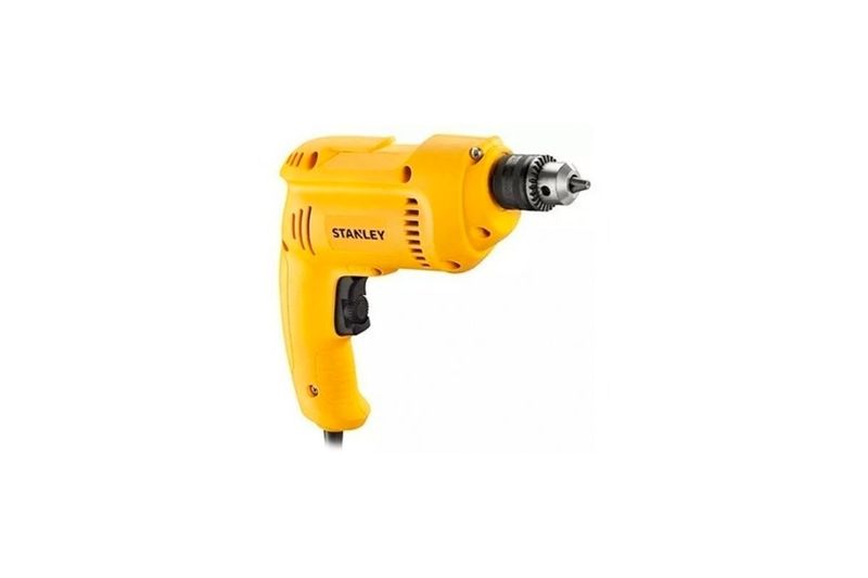 Taladro rotación eléctrico Stanley de 3/8 pulgadas y 550 W, vista lateral completa del equipo en color amarillo