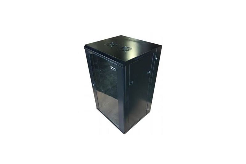Gabinete pared abatible con ventiladores negro Newlink 20 UR 39 pulgadas altura, vista diagonal del equipo cerrado