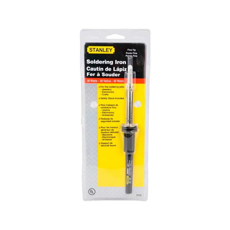 Cautín para soldar 110 V Stanley de 30 W, presentado en su empaque blíster con cartón amarillo y negro