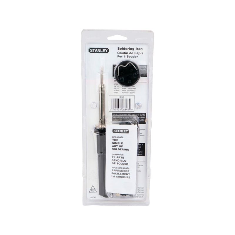 Cautín para soldar 110 V 30 W Stanley, empaque blister transparente con el producto y accesorios