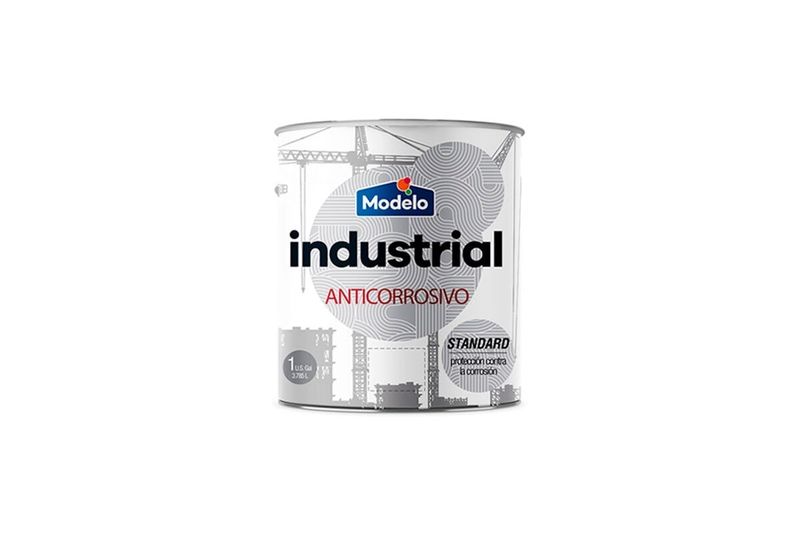 Anticorrosivo industrial blanco brillante Modelo, envase cilíndrico de metal con etiqueta blanca y azul