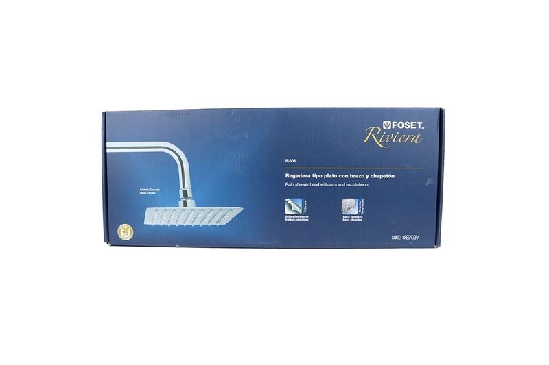 Cabeza de ducha cuadrada brazo y flange Foset 8 pulgadas Riviera, en su empaque azul con ilustración del producto