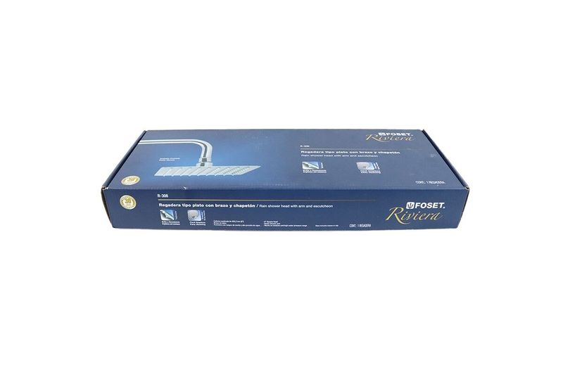 Cabeza de ducha cuadrada brazo y flange Foset 8 pulgadas Riviera, empaque rectangular azul con foto del producto