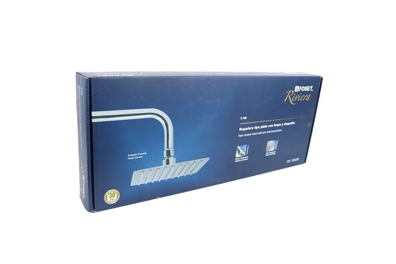 Cabeza de ducha cuadrada brazo y flange Foset 8" Riviera, empaque azul con ilustración del producto y marca