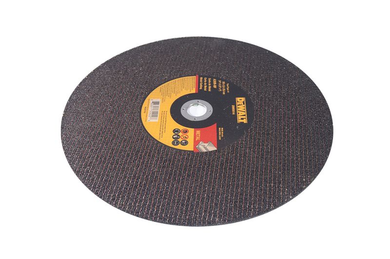 Disco abrasivo DeWALT de 14 x 3/32 x 1 pulgadas para corte de metal, vista frontal con etiqueta central amarilla