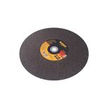 Disco abrasivo DeWALT de 14" x 3/32" x 1" para corte de metal, vista frontal del disco con etiqueta amarilla y negra
