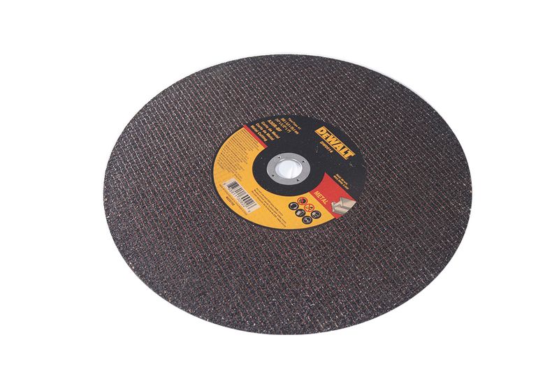 Disco abrasivo DeWALT de 14" x 3/32" x 1" para corte de metal, vista frontal del disco con etiqueta amarilla y negra