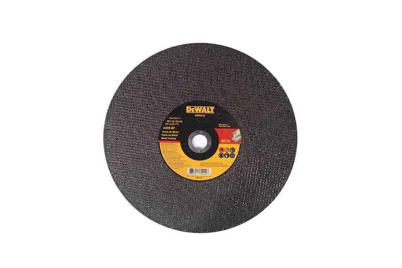 Disco abrasivo DeWALT de 14 x 3/32 x 1 pulgadas para corte de metal, vista frontal del disco circular con centro amarillo
