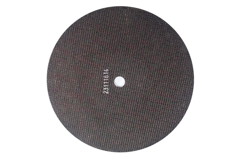 Disco abrasivo DeWALT de 14 x 3/32 x 1 pulgadas, vista frontal del disco circular color oscuro con código impreso