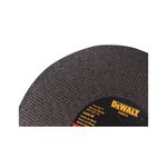 Disco abrasivo DeWalt de 14 x 3/32 x 1 pulgadas, primer plano del centro con etiquetas técnicas y marca