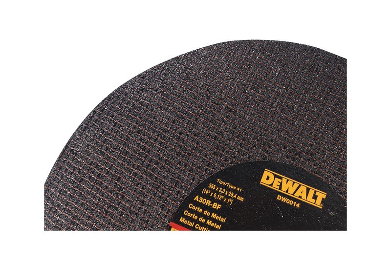 Disco abrasivo DeWalt de 14 x 3/32 x 1 pulgadas, primer plano del centro con etiquetas técnicas y marca