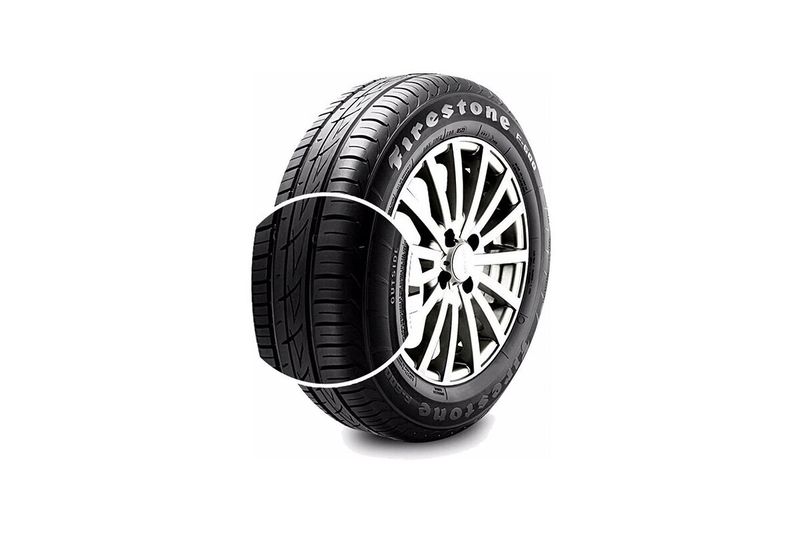 Llanta 175/70R14 F-600 84T Firestone, vista frontal con zoom circular que resalta el dibujo de la banda de rodadura