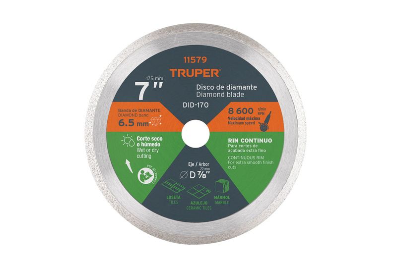 Disco de diamante Truper de 7 pulgadas, aro continuo para loseta y azulejo, vista frontal del disco con etiqueta colorida