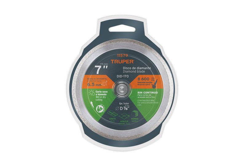Disco diamante Truper de 7 pulgadas aro continuo para loseta y azulejo, en su empaque circular con detalles técnicos