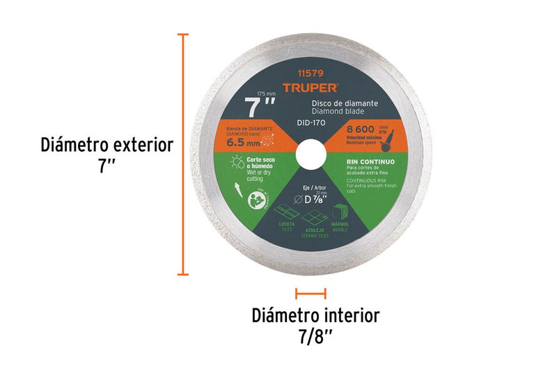 Disco diamante Truper de 7 pulgadas aro continuo para loseta y azulejo, gráfico con medidas de diámetro exterior e interior