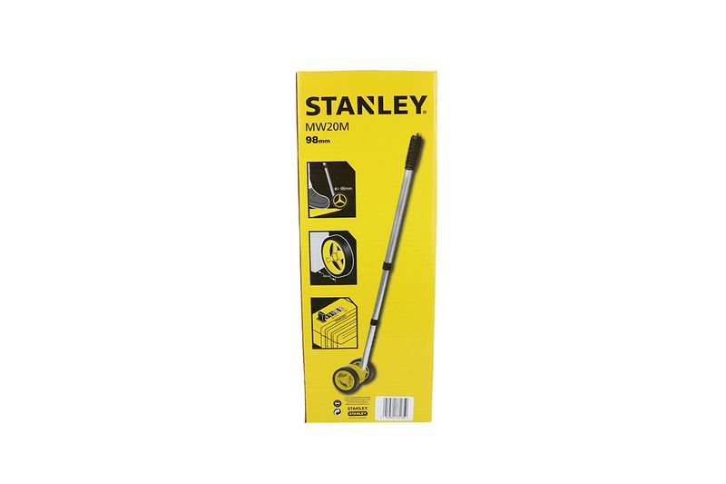 Rueda medidora 1000 mts análoga Stanley, vista frontal de la caja amarilla con ilustración del equipo