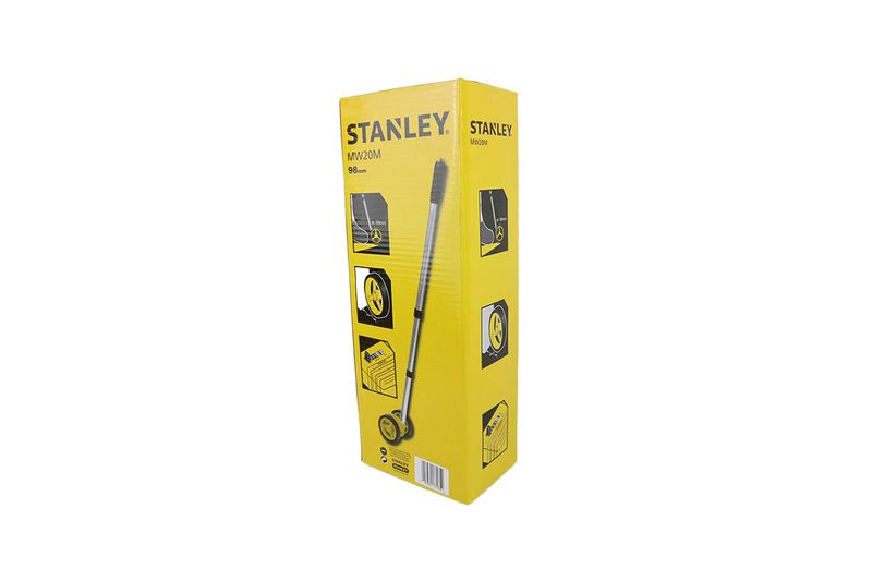 Rueda medidora 1000 mts análoga Stanley, vista diagonal de su caja amarilla con ilustración del producto