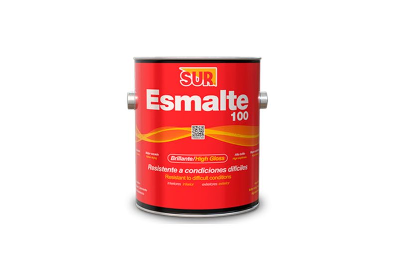 Base esmalte 100 pastel brillante superior Sur, envase cilíndrico rojo con etiqueta blanca y amarilla