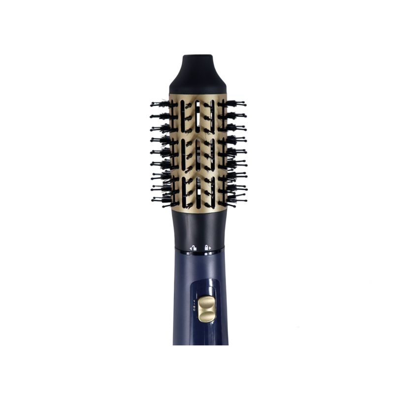 Cepillo de cabello Sapphire Luxe Remington, primer plano del cabezal redondo dorado y mango azul