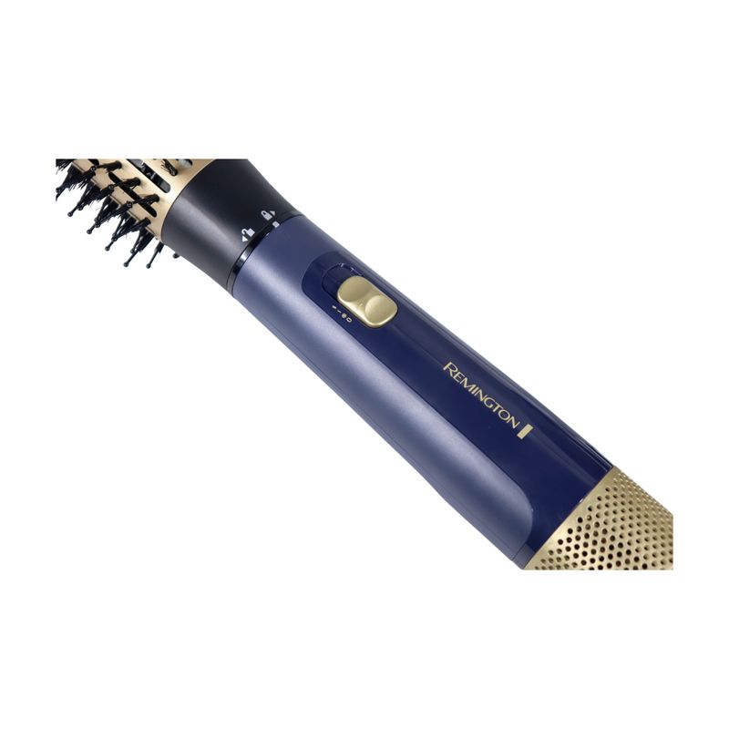 Cepillo de cabello Sapphire Luxe Remington, primer plano del mango azul con botón de encendido y rejilla dorada