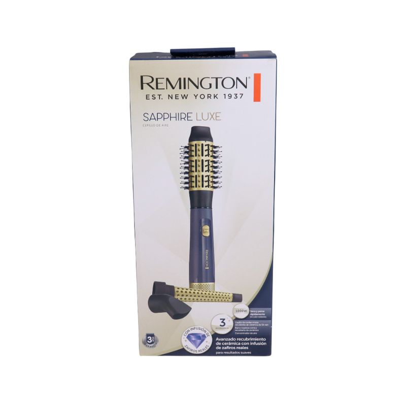 Cepillo de cabello Sapphire Luxe Remington, empaque frontal con ilustración del equipo y accesorios
