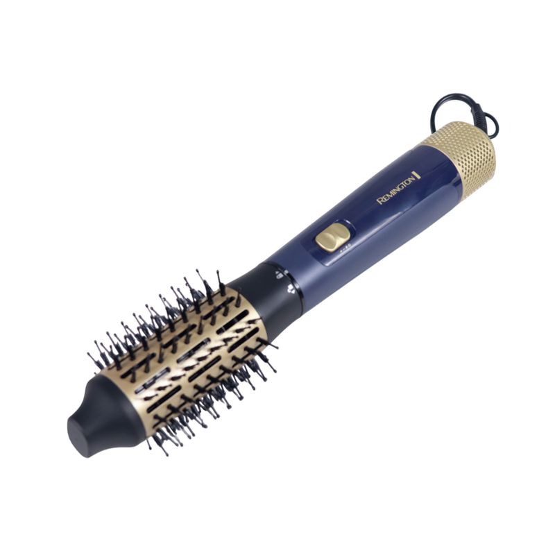 Cepillo de cabello Sapphire Luxe Remington, vista lateral del equipo en color azul y dorado con cerdas negras