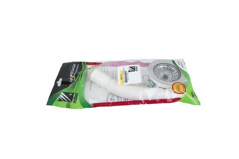 Trampa para pantry Miber de 1-1/2 pulgadas PVC flexible con canasta blanco, producto dentro de su empaque plástico