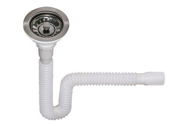 Trampa para pantry Miber de 1-1/2 pulgadas PVC flexible con canasta blanco, vista lateral completa del tubo flexible