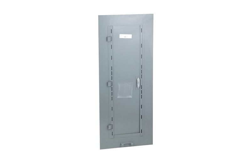 Cubierta para tablero NF o NQ Square D de 50 pulgadas para empotrar, vista frontal de la tapa metálica gris cerrada