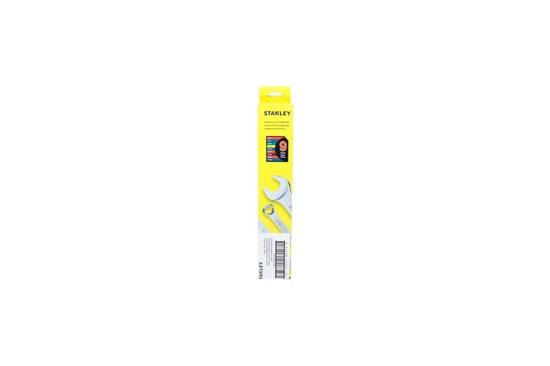Juego de llave combinada Stanley de 8 mm-17 mm 9 piezas, empaque vertical amarillo con ilustración del producto