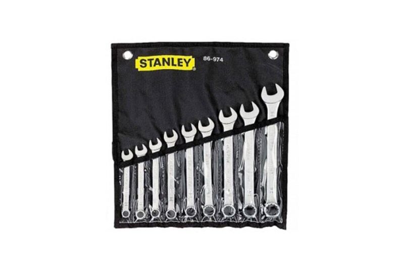 Juego de llave combinada Stanley de 8 mm-17 mm de 9 piezas, organizadas en un estuche negro con logo amarillo