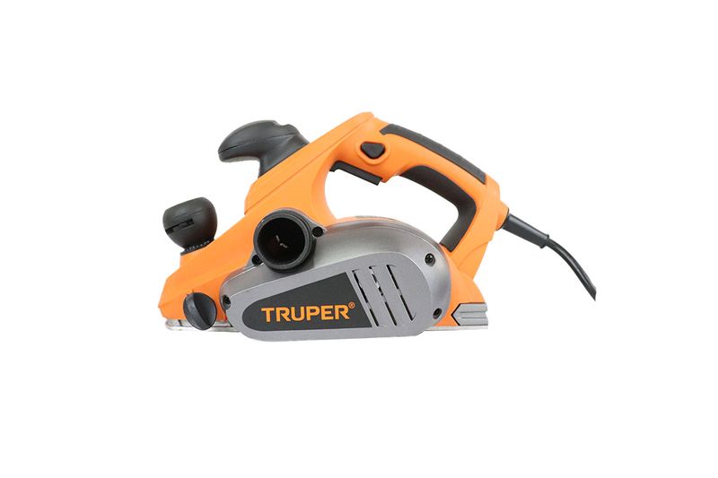 Cepillo eléctrico profesional Truper de 3-1/4 pulgadas y 850 W, vista lateral en colores naranja y gris