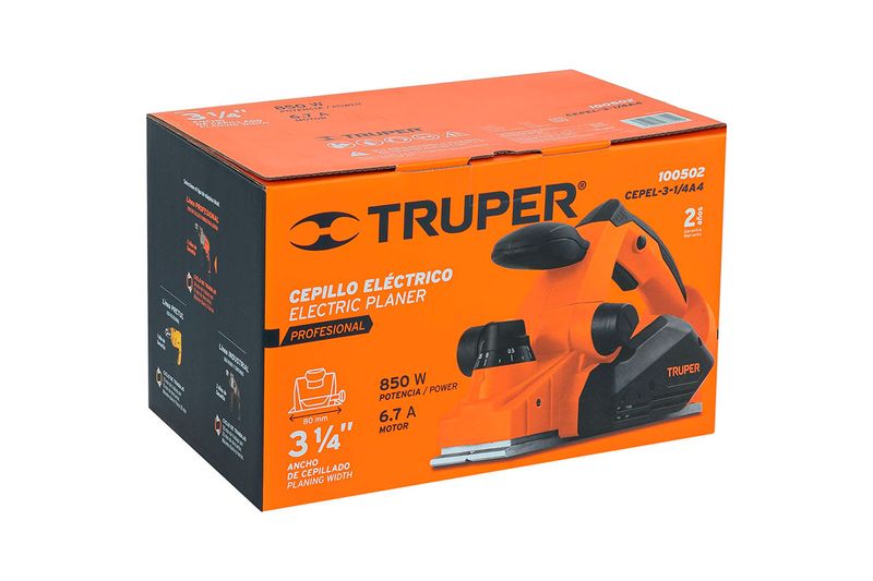 Cepillo eléctrico profesional Truper de 3-1/4 pulgadas y 850 W, en su caja naranja con ilustración del equipo