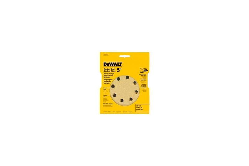 Disco velcro para lijadora DeWALT de 5 pulgadas, grano 150 y 5 piezas, en empaque amarillo con disco expuesto
