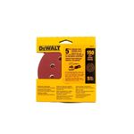 Disco velcro para lijadora DeWALT de 5 pulgadas, grano 150 y 5 piezas, en su empaque amarillo con disco rojo visible