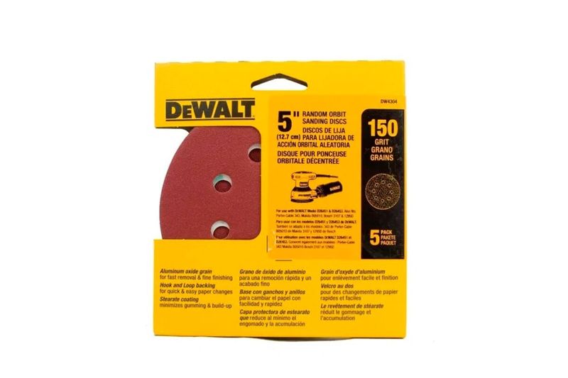 Disco velcro para lijadora DeWALT de 5 pulgadas, grano 150 y 5 piezas, en su empaque amarillo con disco rojo visible