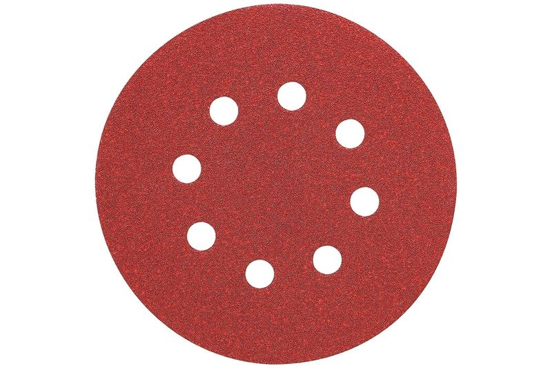 Disco velcro para lijadora DeWALT de 5 pulgadas, grano 150 y 5 piezas, vista frontal del disco rojo con perforaciones