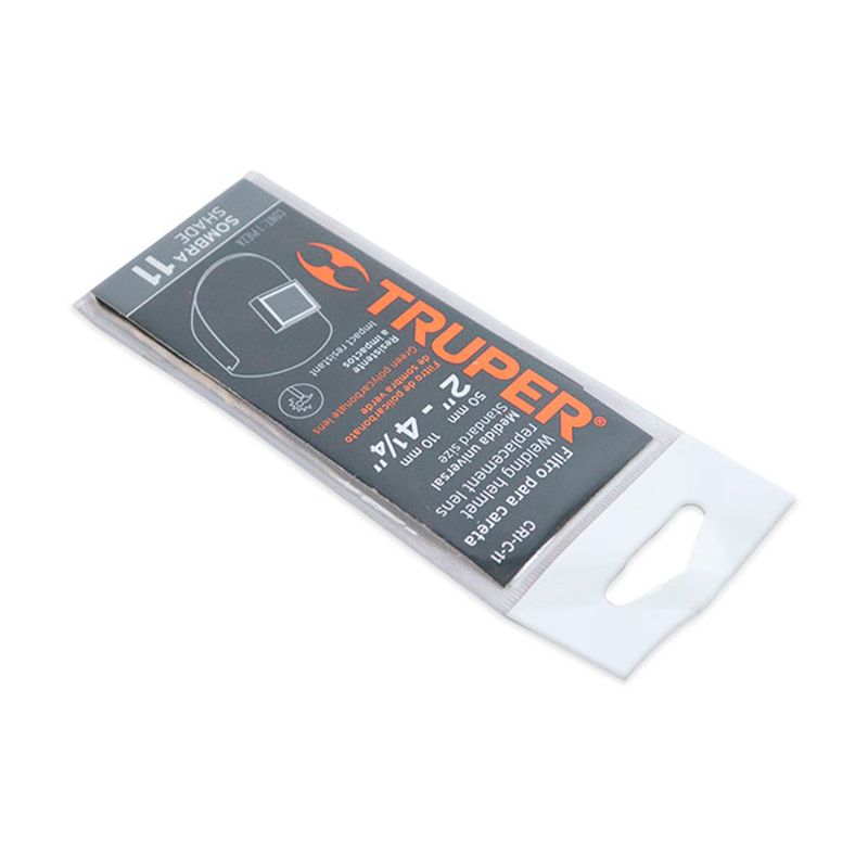 Lente para careta de soldar Truper No. 11, empaque plástico con etiqueta blanca y naranja sobre fondo blanco