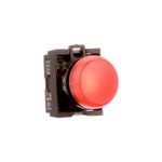 Luz piloto Eaton color rojo iluminado 22 mm 85-264V, vista lateral del botón rojo y cuerpo negro con especificaciones