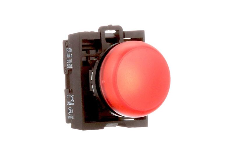Luz piloto Eaton color rojo iluminado 22 mm 85-264V, vista lateral del botón rojo y cuerpo negro con especificaciones