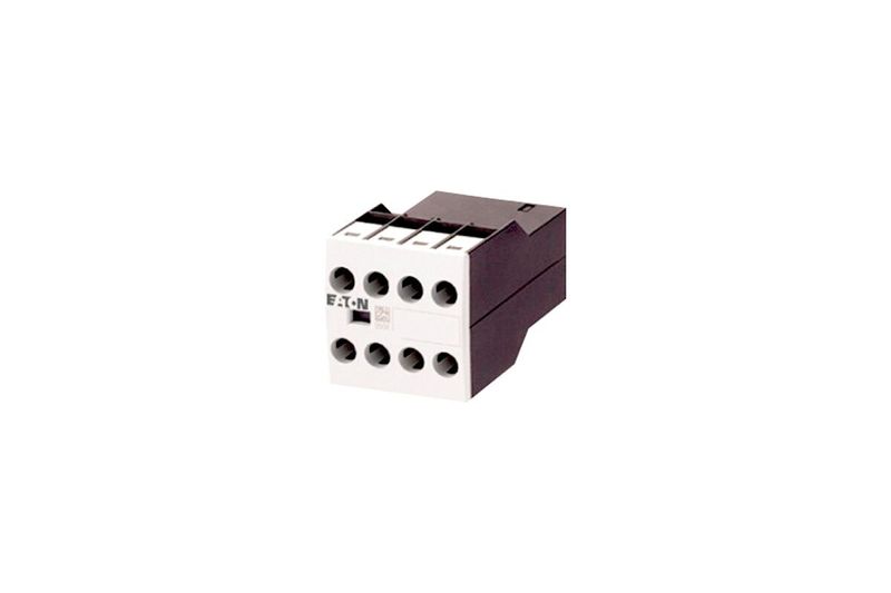 Contactos auxiliares Eaton para contactor DILM7 a DILM32 4NO, perspectiva frontal del módulo blanco con terminales negras