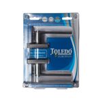 Cerradura manecilla baño Lugo satín níquel Toledo, vista frontal del producto dentro de su empaque plástico con cartón azul