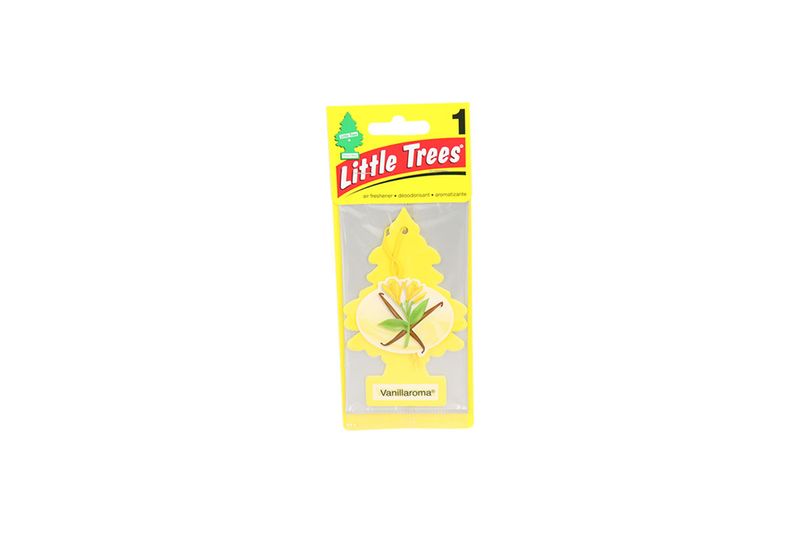 Ambientador pinito aroma vainilla Little Trees, empaque plástico transparente con diseño de vainilla y fondo amarillo