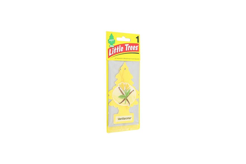 Ambientador pinito aroma vainilla Little Trees, empaque plástico transparente con borde amarillo y logo rojo