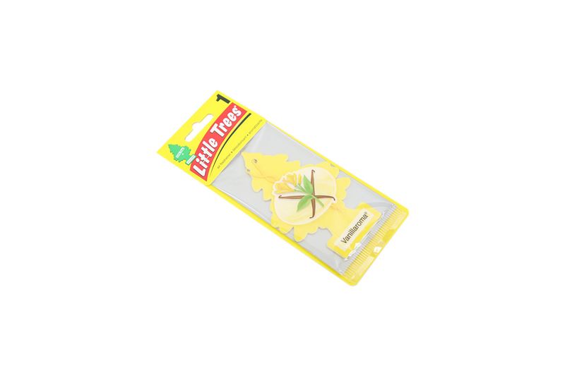 Ambientador pinito aroma vainilla Little Trees, empaque plástico transparente con el producto en su interior