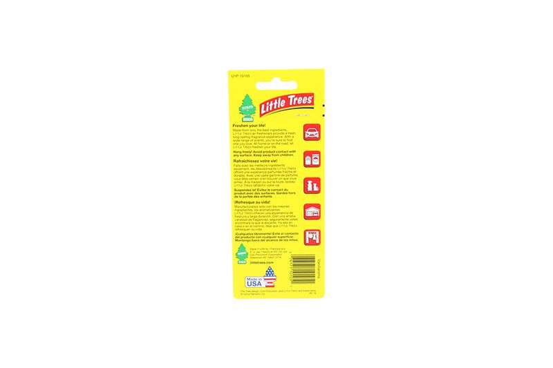 Ambientador pinito aroma vainilla Little Trees, reverso del empaque amarillo con instrucciones en varios idiomas