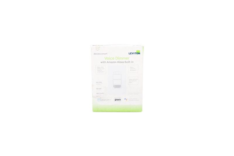 Dimmer Decora Smart Voice blanco con Alexa incluido Leviton, empaque frontal con ilustración del producto y logos